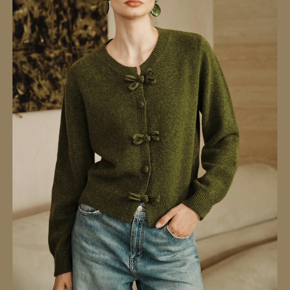 Olive Green Knit Bow Frog Trim Button Front Cardigan